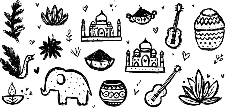Hand-drawn doodle set of india icons with taj mahal and lotus design for creative art projects