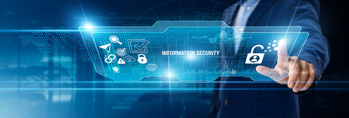 Businessman touching information security on digital screen, cyber protection, firewall monitoring,...
