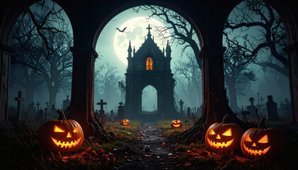 Fototapeta premium Glowing Jack O Lantern Pumpkins Around Tombstones in Spooky Ancient Graveyard with Gothic Haunted Mansion Twisted Bare Trees and Misty Night Sky Halloween Horror Scene