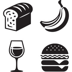 A collection of four food and drink items in black silhouette isolated on white background, including bread, banana, wine, and burger, perfect for culinary design