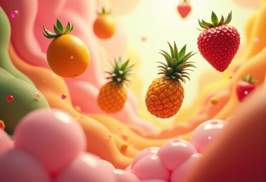 airborne fruity bliss whimsical dynamism vibrant colorful backgrounds energetic playful artistic visuals, delicious, ripe, fresh, natural, tropical, citrus