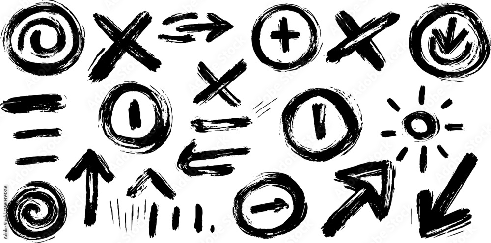 Poster hand drawn minimalist doodle set of tick and cross icons with arrows and symbols for design
