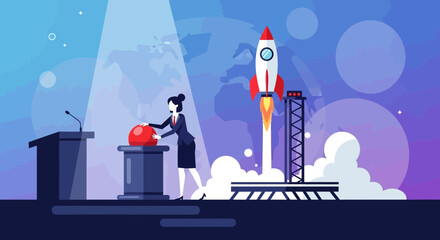 Naklejka premium Woman Launching Rocket By Pressing Red Button, Business Startup Concept