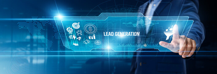 Businessman touching lead generation on digital screen, customer acquisition, marketing funnels, digital outreach, online engagement, CRM analytics, sales prospects tracking, conversion optimization