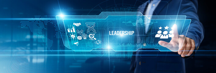 Businessman touching leadership on digital screen, team guidance, strategic vision, performance...