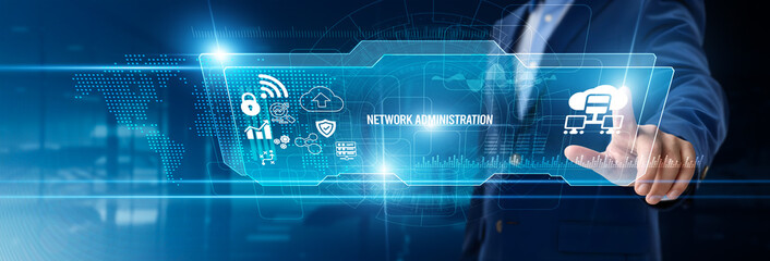 Obraz premium Businessman touching network administration on digital screen, server monitoring, cybersecurity, system management, IT infrastructure, data protection, network optimization, digital collaboration