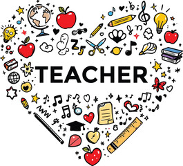 Teacher themed doodles arranged in a heart shape with the word teacher in the center in bold letters