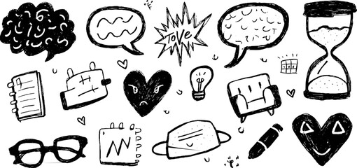 Creative doodle set of psychology icons including brain and speech bubbles