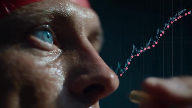Medium shot of swimmers face as they take omega3 capsule with outoffocus VO2max graph trending up behind symbolizing improved aerobic capacity for peak athletic performance.