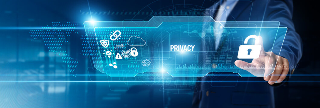 Businessman touching privacy on digital screen, data protection, secure communication, compliance policies, information safety, encryption technologies, user confidentiality, cybersecurity