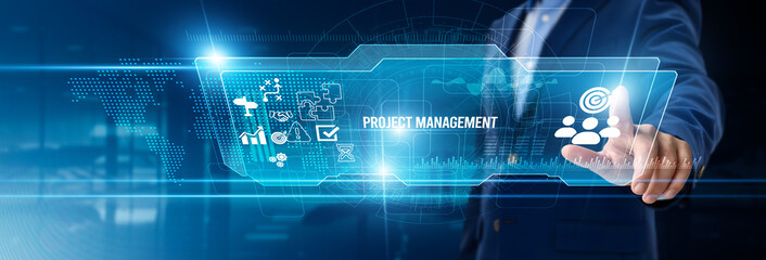 Businessman touching project management on digital screen, task scheduling, milestone tracking, resource allocation, team collaboration, performance metrics, workflow optimization, risk assessment
