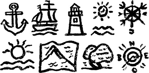 Fototapeta premium Nautical doodle set with shipping icons, anchor, and ship sketches for design projects