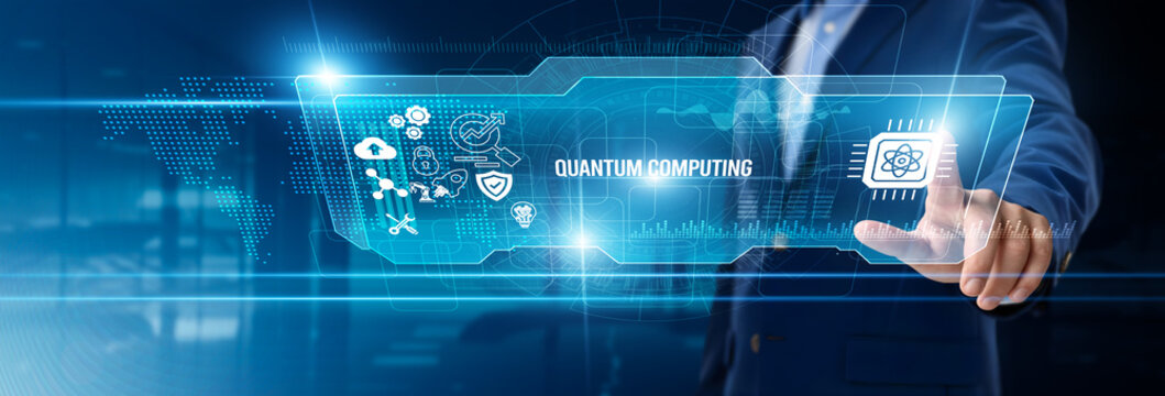 Businessman touching quantum computing on digital screen, superposition calculation, quantum algorithms, data encryption, advanced research, high-speed processing, futuristic technology - Powered by Adobe