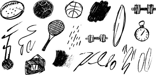 Hand drawn doodle set of sport icons featuring football and basketball