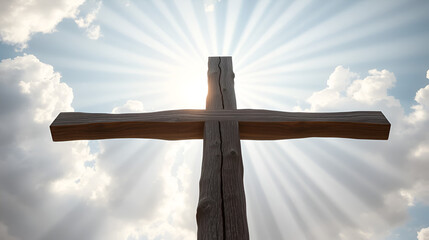 A wooden cross with beams of light shining down from the sky, symbolizing Jesus' centeredness