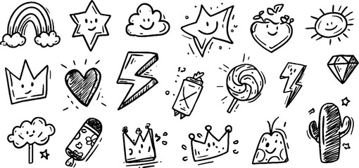 Playful doodle sticker set with rainbow, star, and heart hand drawn elements for creative design