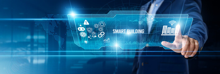 Businessman touching smart building on digital screen, automated lighting, energy monitoring, security systems, IoT integration, facility management, sustainable architecture, building intelligence