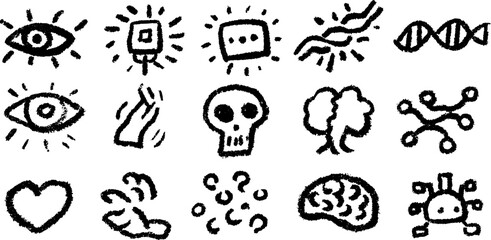 Obraz premium Hand drawn doodle set of transhumanism elements including cyborg eye and bionic concepts for design use