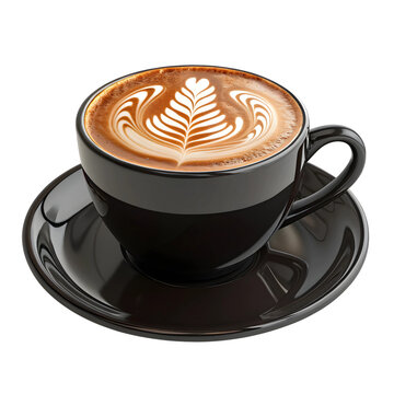Latte coffee with latte drawing in a black porcelain cup and saucer, light falling on it from an angle making it more visible and attractive, close-up, transparent background