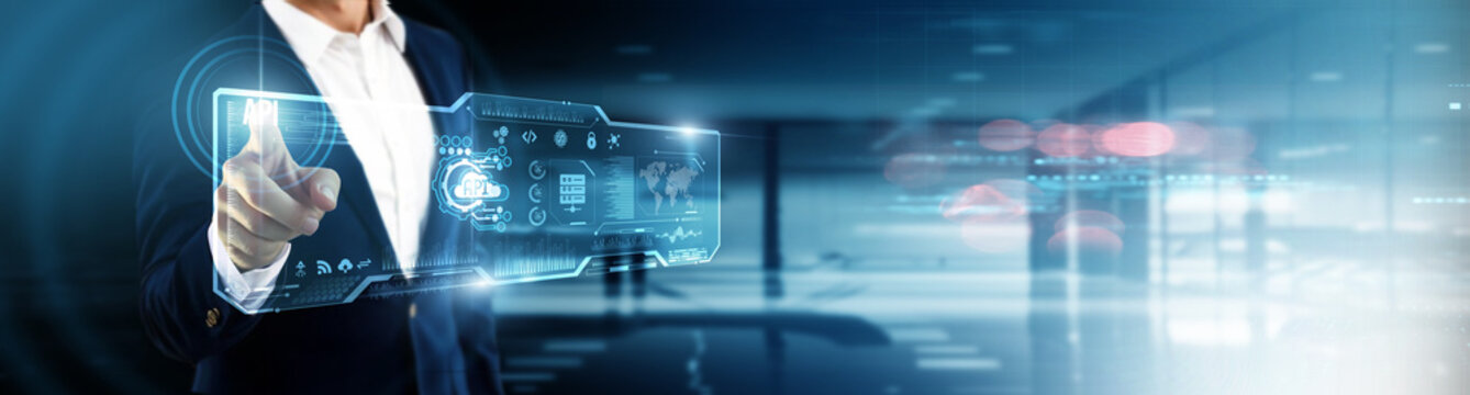 Businessman touching API on digital screen. software integration, seamless connectivity, digital platforms, cloud interaction, scalable solutions, innovative development, application endpoints
