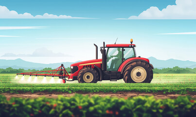 Obraz premium Farming tractor spraying crops in agricultural field, Modern tractor applying pesticide on farmland