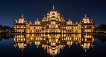 Naklejka premium Majestic illuminated palace reflected in water at night stunning architectural masterpiece glowing warmly