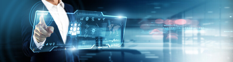 Businessman touching leadership on digital screen. strategic vision, team empowerment,...