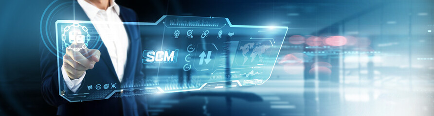 Fototapeta premium Businessman touching scm on digital screen. logistics optimization, inventory tracking, supplier collaboration, demand forecasting, warehouse automation, transportation analytics, global distribution