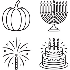 Illustration of holiday symbols including a pumpkin, menorah, firework, and cake isolated on white background perfect for holidaythemed designs