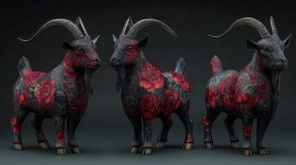 Three stylized dark fantasy goats with ornate red and black patterned bodies and large curved horns stand in a row against a dark background