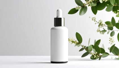 Minimalist white dropper bottle with silver cap beside green leaves on clean background.