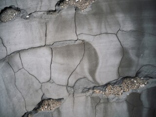 Cracked concrete surface with exposed aggregate texture grey