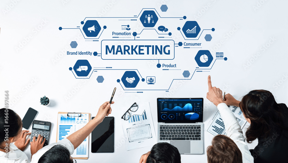 Poster a collaborative business team engaged in discussing marketing strategies. the scene features technol