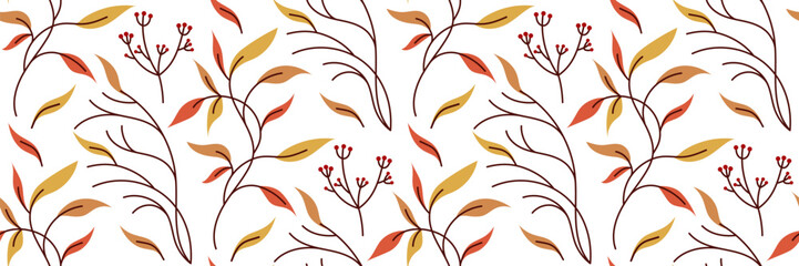 Fototapeta premium Vector flat seamless pattern with autumn foliage and branch in warm colors. Perfect for textiles, wallpapers, packaging, stationery, and digital backgrounds. Modern decorative style.