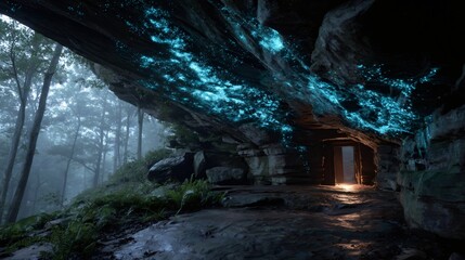 Ancient cave dwelling illuminated by lantern light, with glowing blue bioluminescent fungi on rocky ceiling. Mysterious archeological site in misty forest landscape