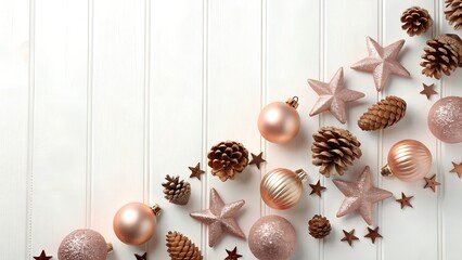 Festive arrangement of rose gold christmas ornaments pine cones and stars on a white wooden background