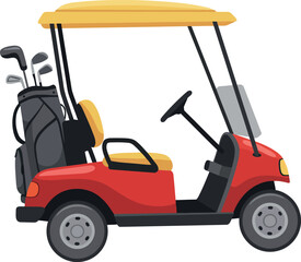Red golf cart with yellow canopy and golf clubs ready for play vector © Taslima