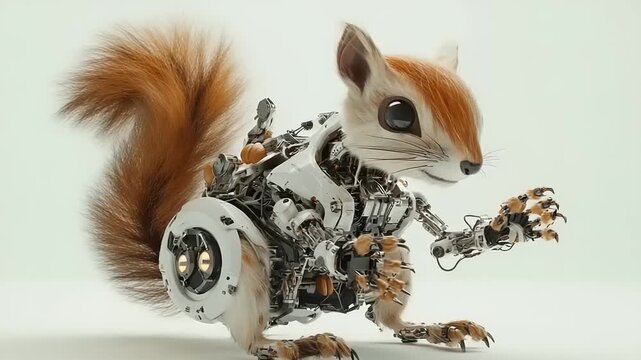 A robotic squirrel with intricate mechanical components exploring a futuristic environment