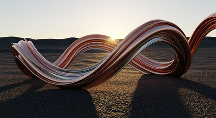 Abstract twisted ribbon sculpture on sandy desert landscape at sunset