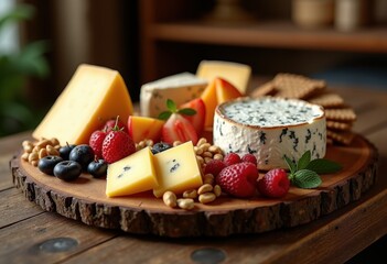 gourmet artisan cheese wheels artfully arranged rustic wooden charcuterie board display accompaniments, appetizer, platter, ingredients, elegance, tasting