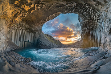 Magnificent basalt column cave in Iceland with powerful river flowing out to sea