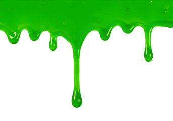 Bright, gooey green liquid cascades downwards, forming an eye-catching array of drips and streaks against a pure white canvas, ideal for a splash of color and a touch of fun.