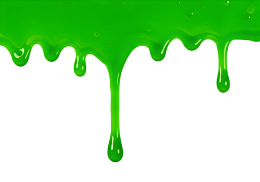 Bright, gooey green liquid cascades downwards, forming an eye-catching array of drips and streaks against a pure white canvas, ideal for a splash of color and a touch of fun.