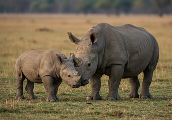 Obraz premium Majestic rhino roaming the plains of the Serengeti in its natural habitat.