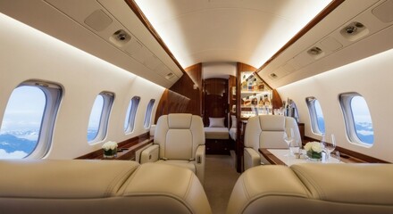 Luxurious interior of a private jet, featuring plush leather seating, polished wood accents, and a well-stocked bar, offering a glimpse of upscale travel.