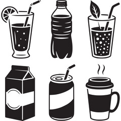 Black and white vector illustration of various drinks isolated on white background, including juice, water, coffee, and soda for refreshment
