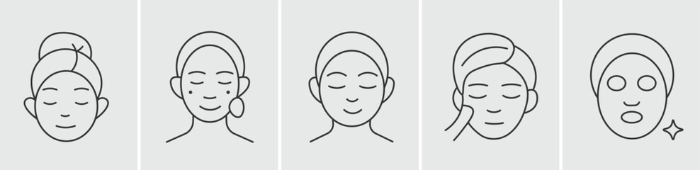 Minimalist Skincare and Facial Mask Routine Line Art Icon Set, Collection of Woman Applying Beauty Treatments Outlines, Pampering and Wellness Symbols, Modern Vector Graphics for Self-Care.