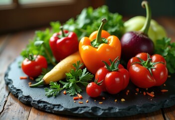 colorful seasonal vegetables artfully arranged slate board culinary display fresh harvest natural beauty, arrangement, beet, carrot, pepper, tomato