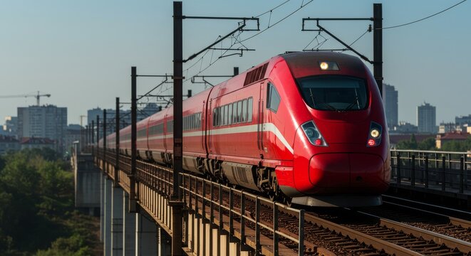 Sleek Red High-Speed Train Crossing an Urban Viaduct at Golden Hour. - Powered by Adobe