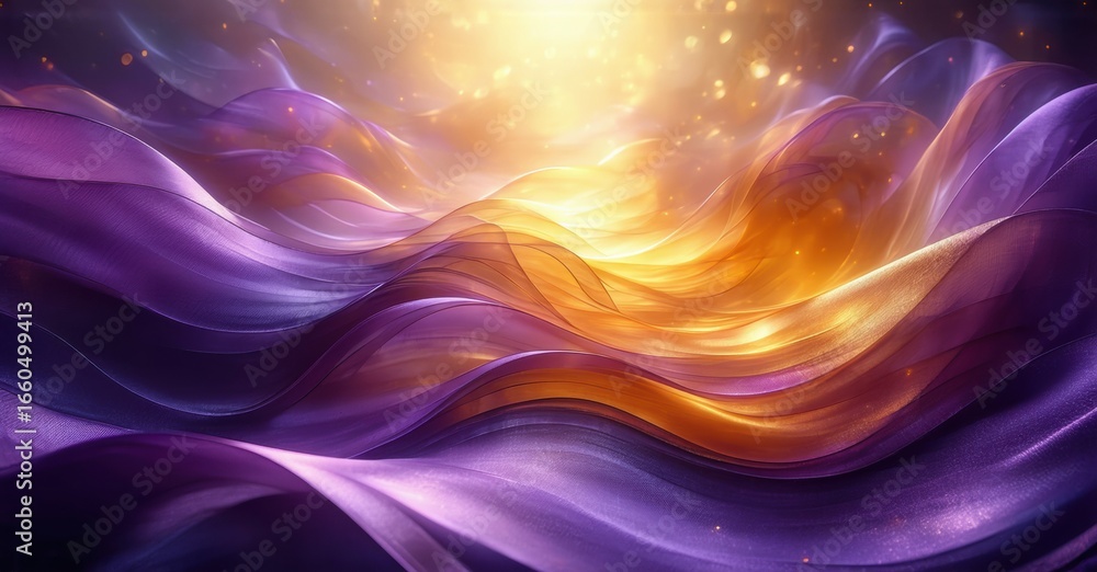 Poster abstract waves, vibrant colors, golden light source. flowing shapes create dynamic, ethereal composi
